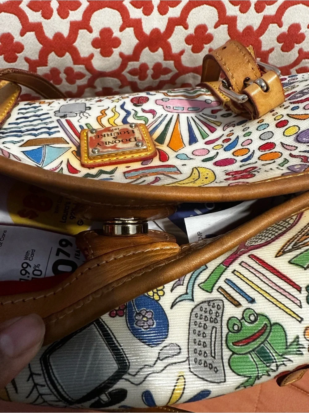 Dooney & Bourke White Multicolor Doodle Tote with Tan Leather Trim